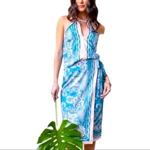 Eva Franco x Anthropologie Botanical 2/XS Blue Floral Halter Top Wrap-Skirt Set